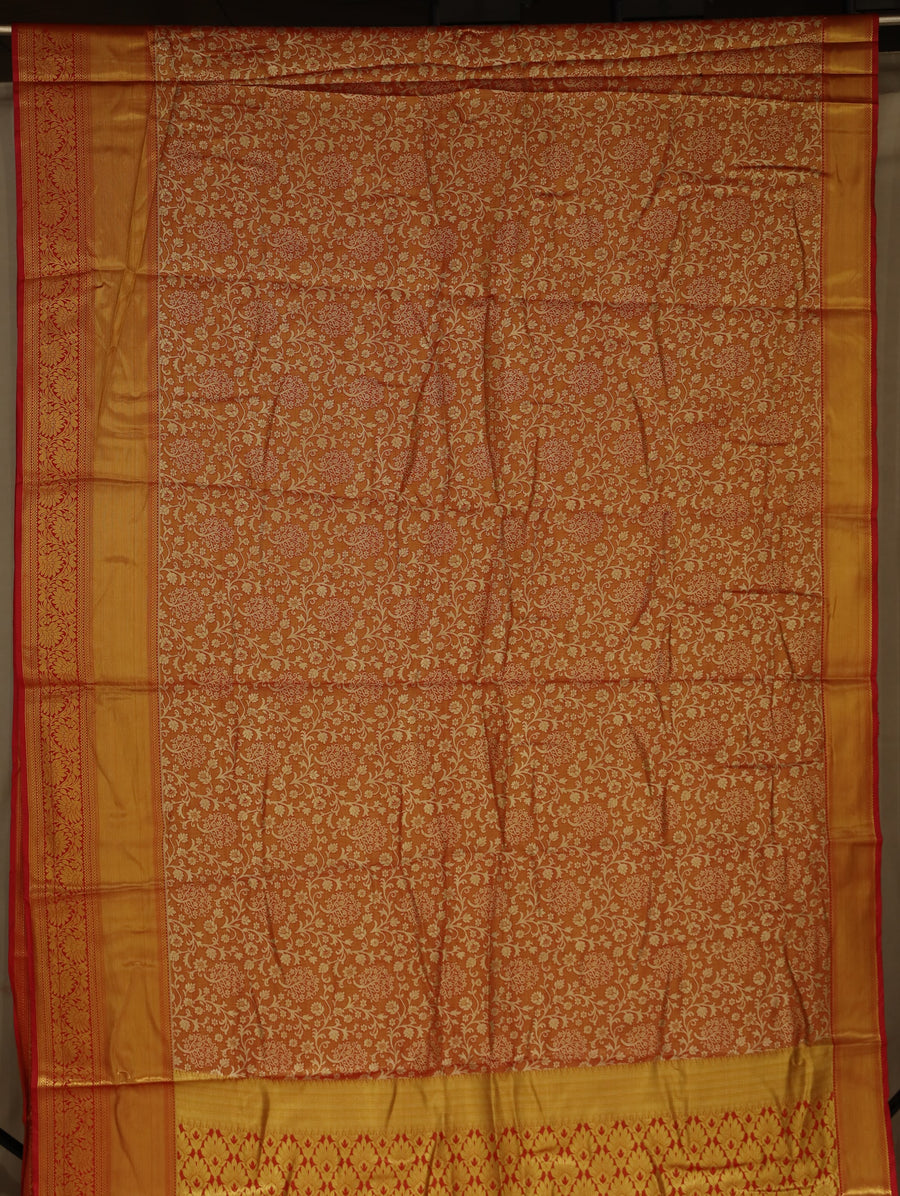 Burnt Orange Dharmavaram Inspired Semi Silk Saree with Wide Wide Contrast Border