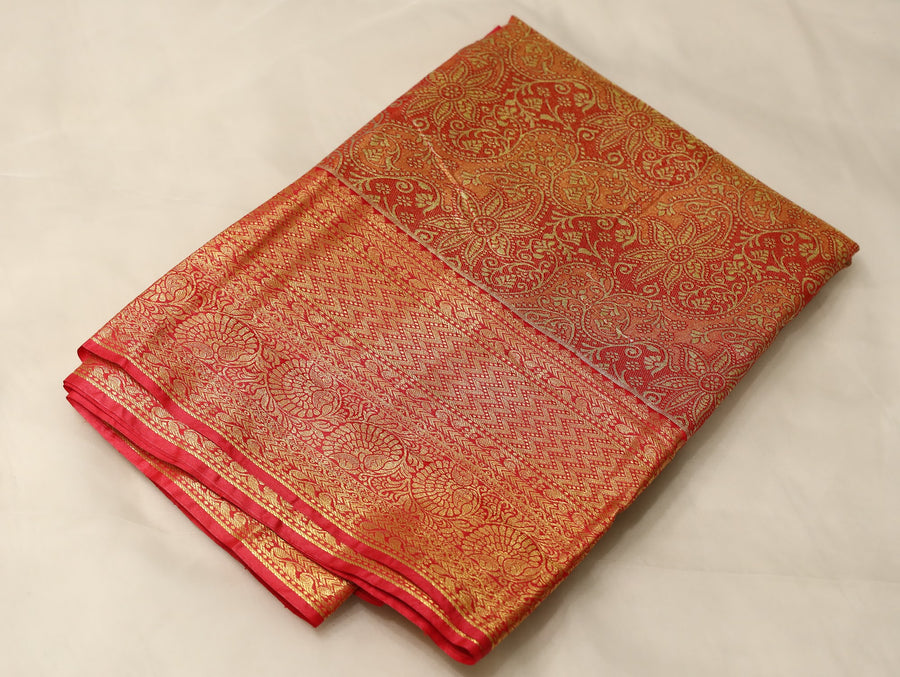 Burnt Orange Kanchipuram Inspired Semi Silk Saree with Wide Wide Contrast Border
