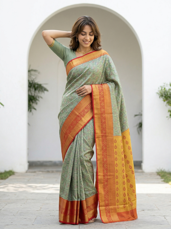 Sage Green Dharmavaram Inspired Semi Silk Saree with Medium Medium Contrast Border