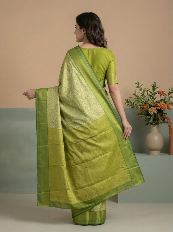Moss Green Mysore Inspired Semi Silk Saree with Medium Medium Self Border