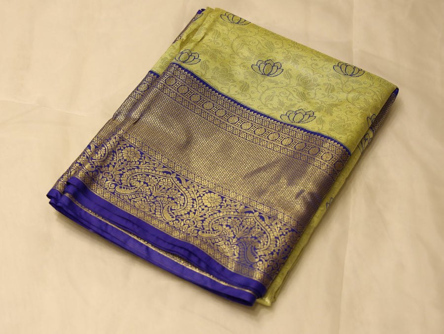 Golden Chartreuse Kanchipuram Inspired Semi Silk Saree with Wide Wide Contrast Border