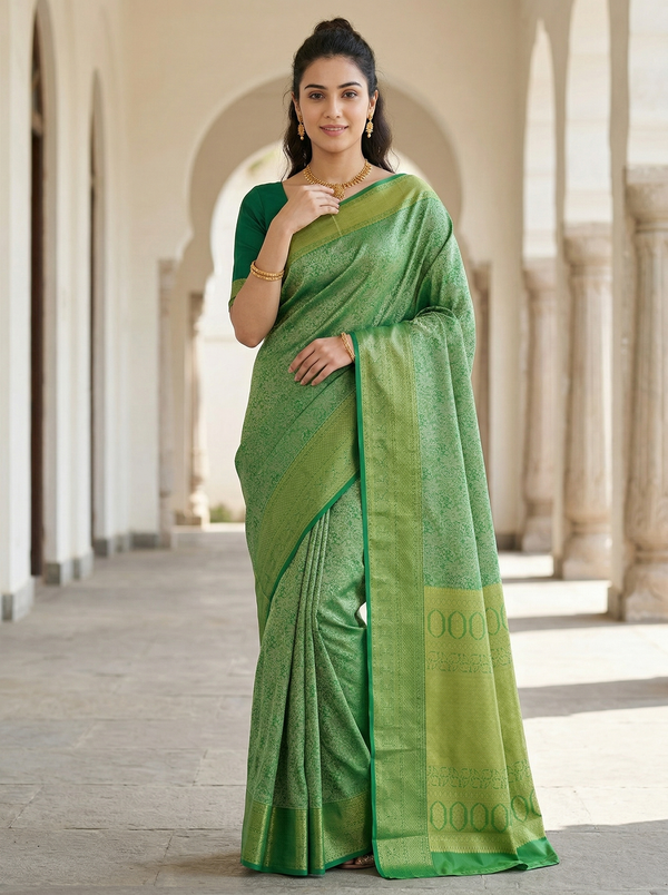 Moss Green Mysore Inspired Semi Silk Saree with Wide Wide Self Border