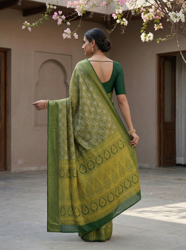 Olive Green Uppada Inspired Semi Silk Saree with Wide Wide Contrast Border