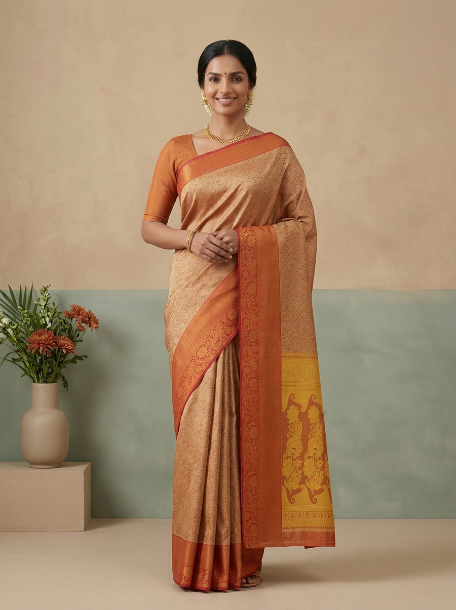 Sunset Orange Dharmavaram Inspired Semi Silk Saree with Wide Wide Contrast Border