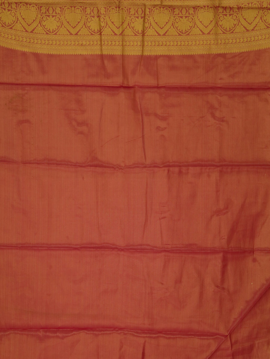 Sunset Coral Kanchipuram Inspired Semi Silk Saree with Medium Medium Contrast Border