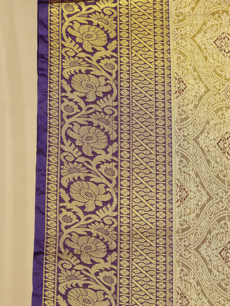 Champagne Gold Dharmavaram Inspired Semi Silk Saree with Wide Wide Contrast Border