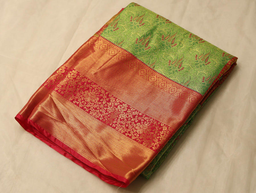Sage Green Kanchipuram Inspired Semi Silk Saree with Wide Wide Contrast Border