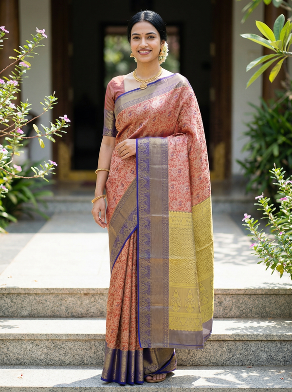 Dusty Rose Kanchipuram Inspired Semi Silk Saree with Medium Medium Contrast Border