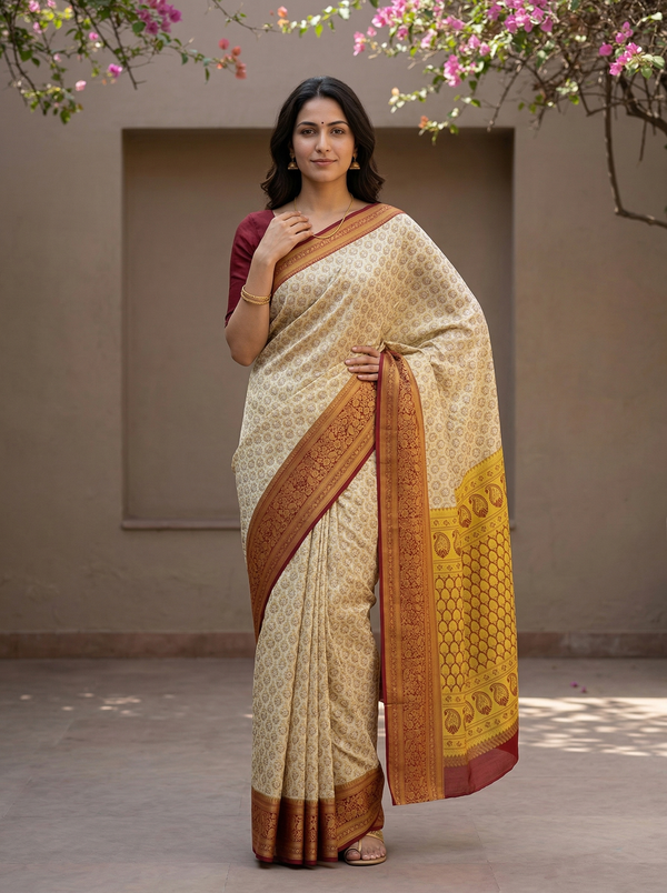 Champagne Gold Dharmavaram Inspired Semi Silk Saree with Wide Wide Contrast Border