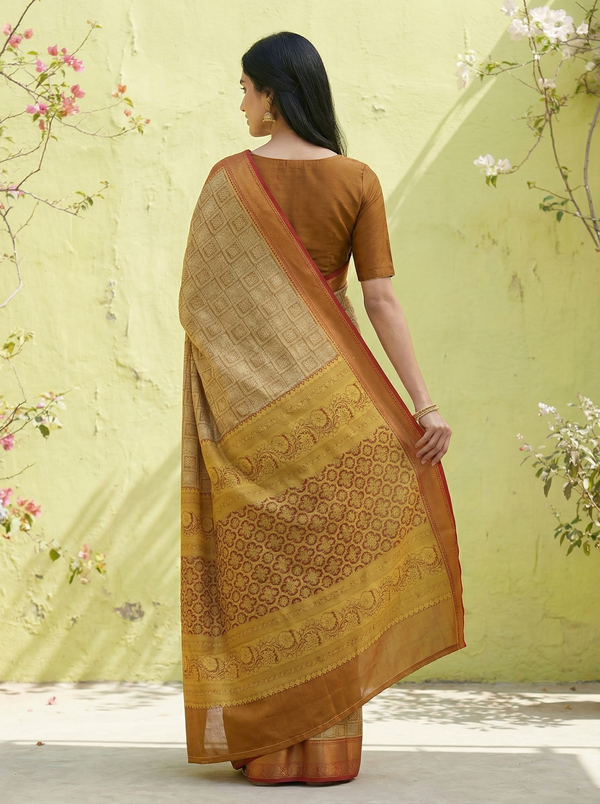 Champagne Gold Dharmavaram Inspired Semi Silk Saree with Medium Medium Contrast Border