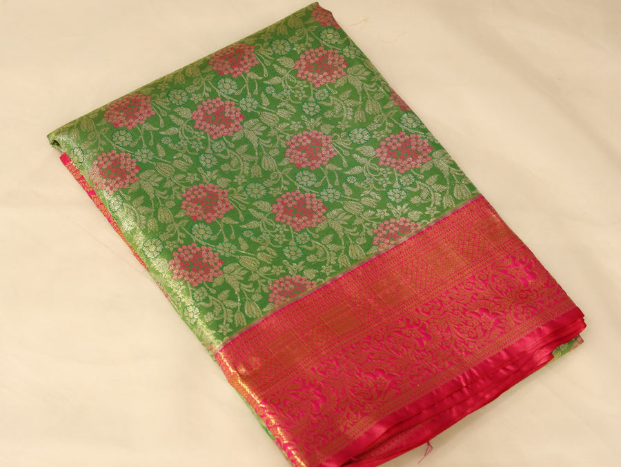 Sage Green Kanchipuram Inspired Semi Silk Saree with Medium Medium Contrast Border