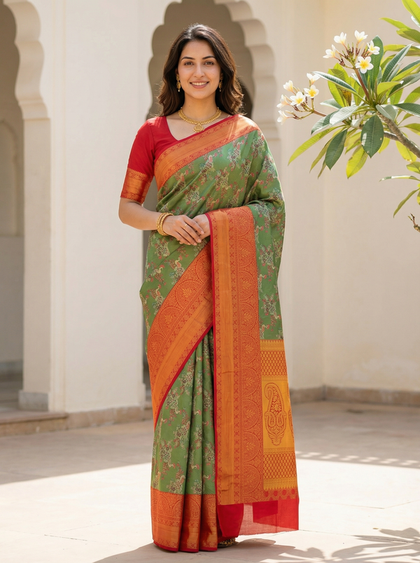 Sage Green Kanchipuram Inspired Semi Silk Saree with Wide Wide Contrast Border