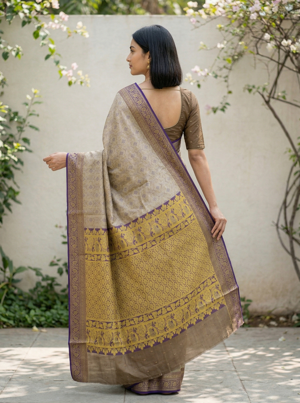 Champagne Gold Dharmavaram Inspired Semi Silk Saree with Wide Wide Contrast Border