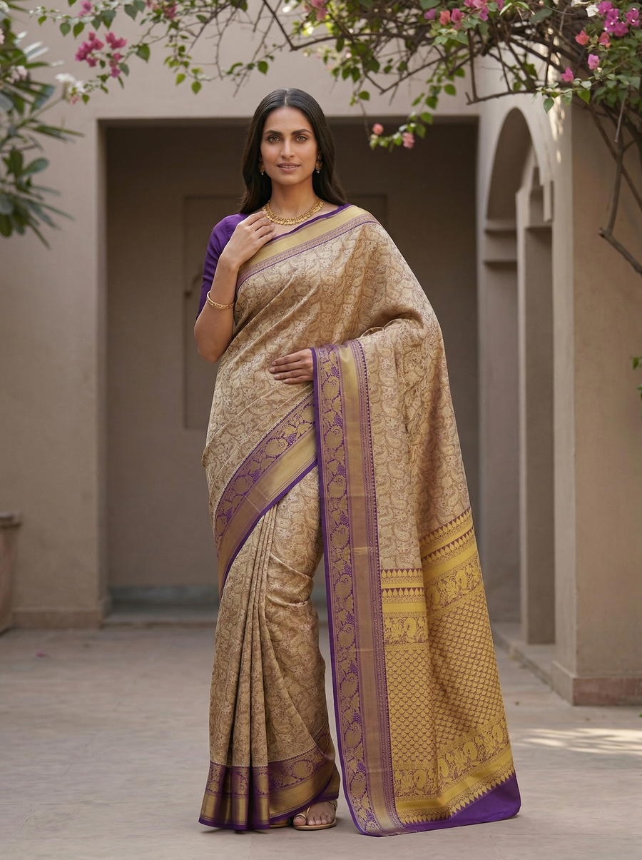 Champagne Gold Dharmavaram Inspired Semi Silk Saree with Wide Wide Contrast Border