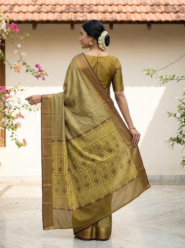 Olive Green Kanchipuram Inspired Semi Silk Saree with Medium Medium Contrast Border