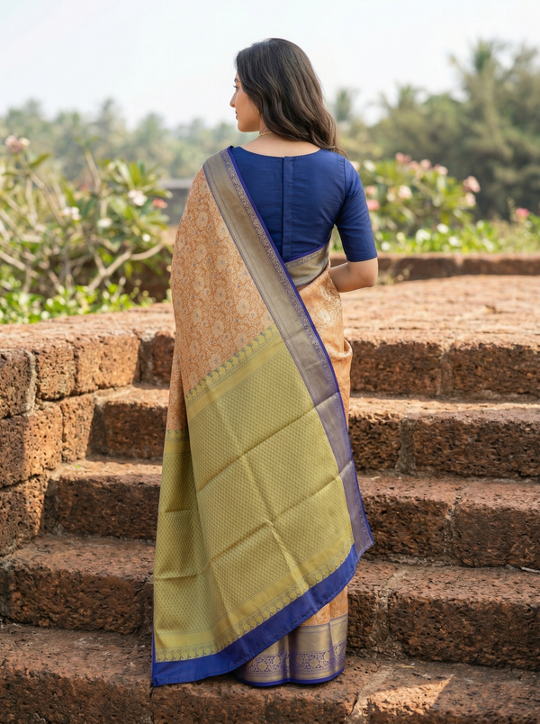 Antique Mustard Kanchipuram Inspired Semi Silk Saree with Medium Medium Contrast Border