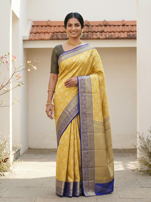 Sunflower Yellow Kanchipuram Inspired Semi Silk Saree with Medium Medium Contrast Border