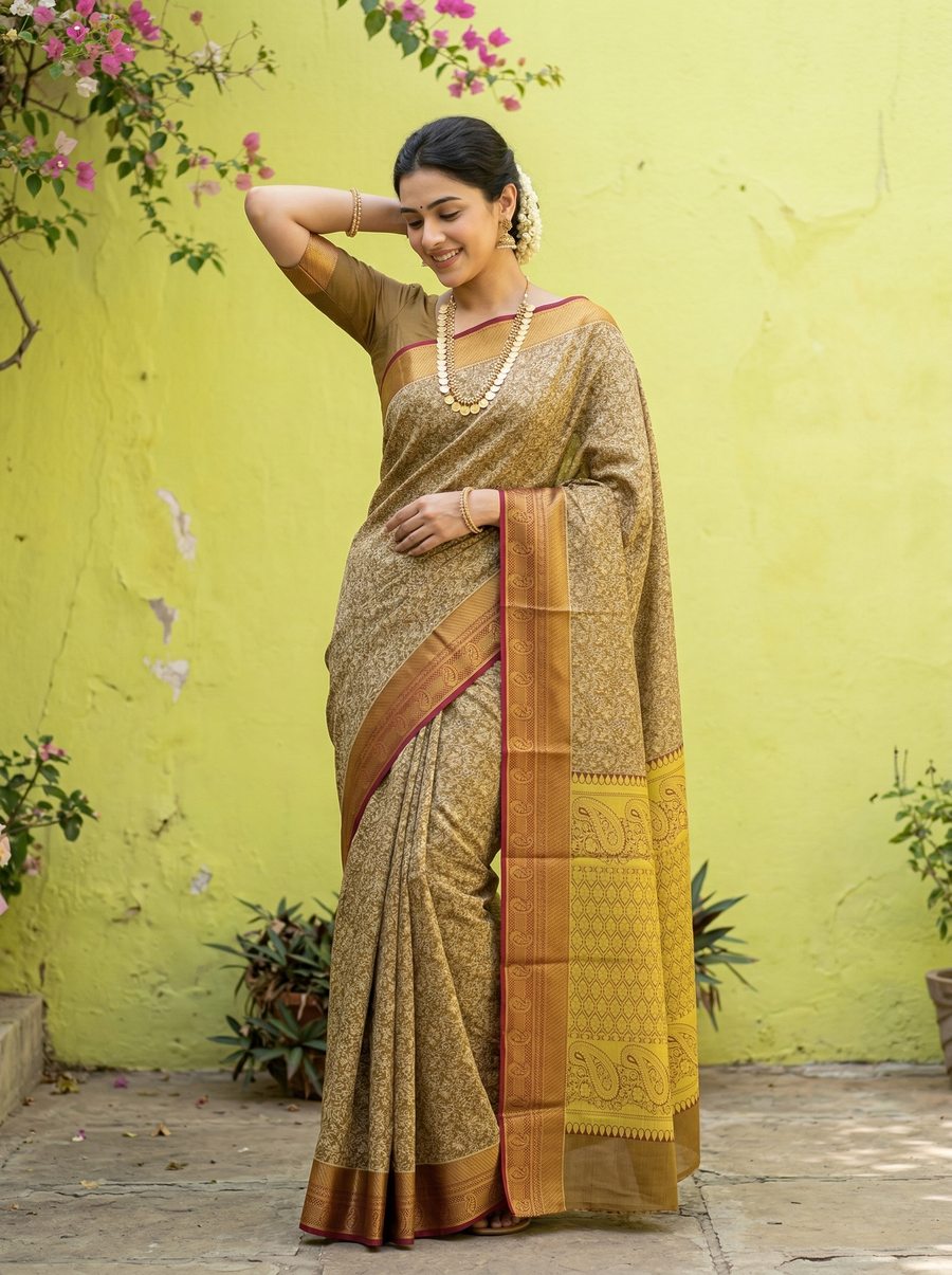 Antique Gold Kanchipuram Inspired Semi Silk Saree with Medium Medium Contrast Border