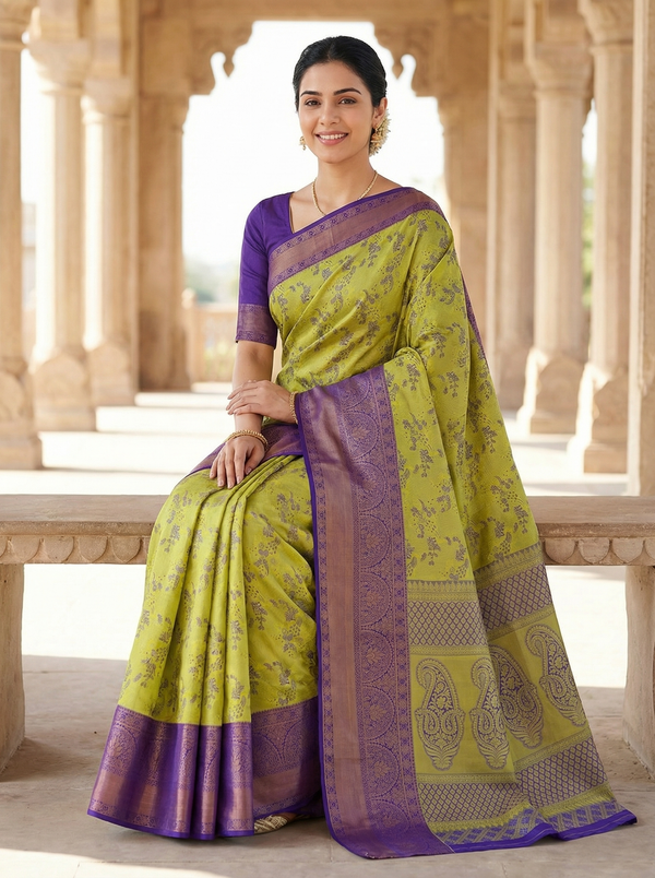 Lime Green Gadwal Inspired Semi Silk Saree with Wide Wide Contrast Border