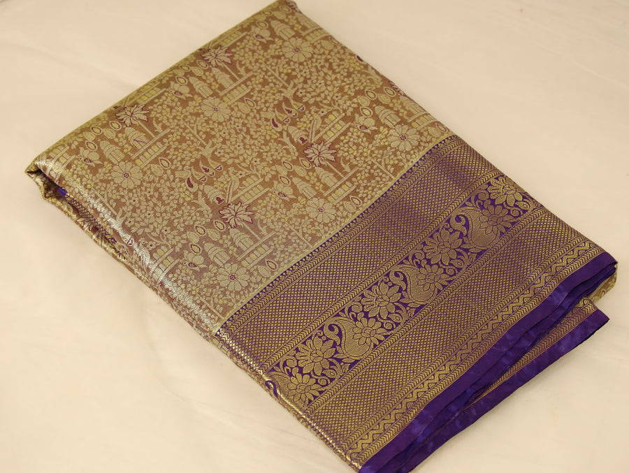 Antique Gold Dharmavaram Inspired Semi Silk Saree with Wide Wide Contrast Border