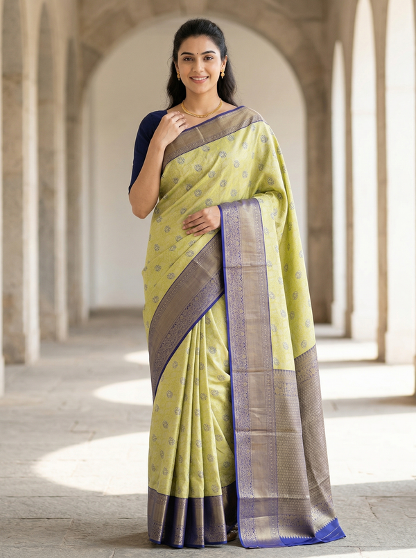Golden Chartreuse Kanchipuram Inspired Semi Silk Saree with Wide Wide Contrast Border