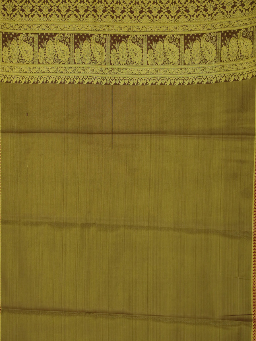 Olive Green Kanchipuram Inspired Semi Silk Saree with Wide Wide Contrast Border