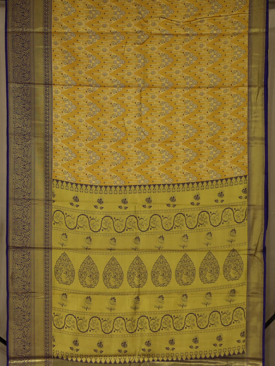 Golden Mustard Kanchipuram Inspired Semi Silk Saree with Wide Wide Contrast Border