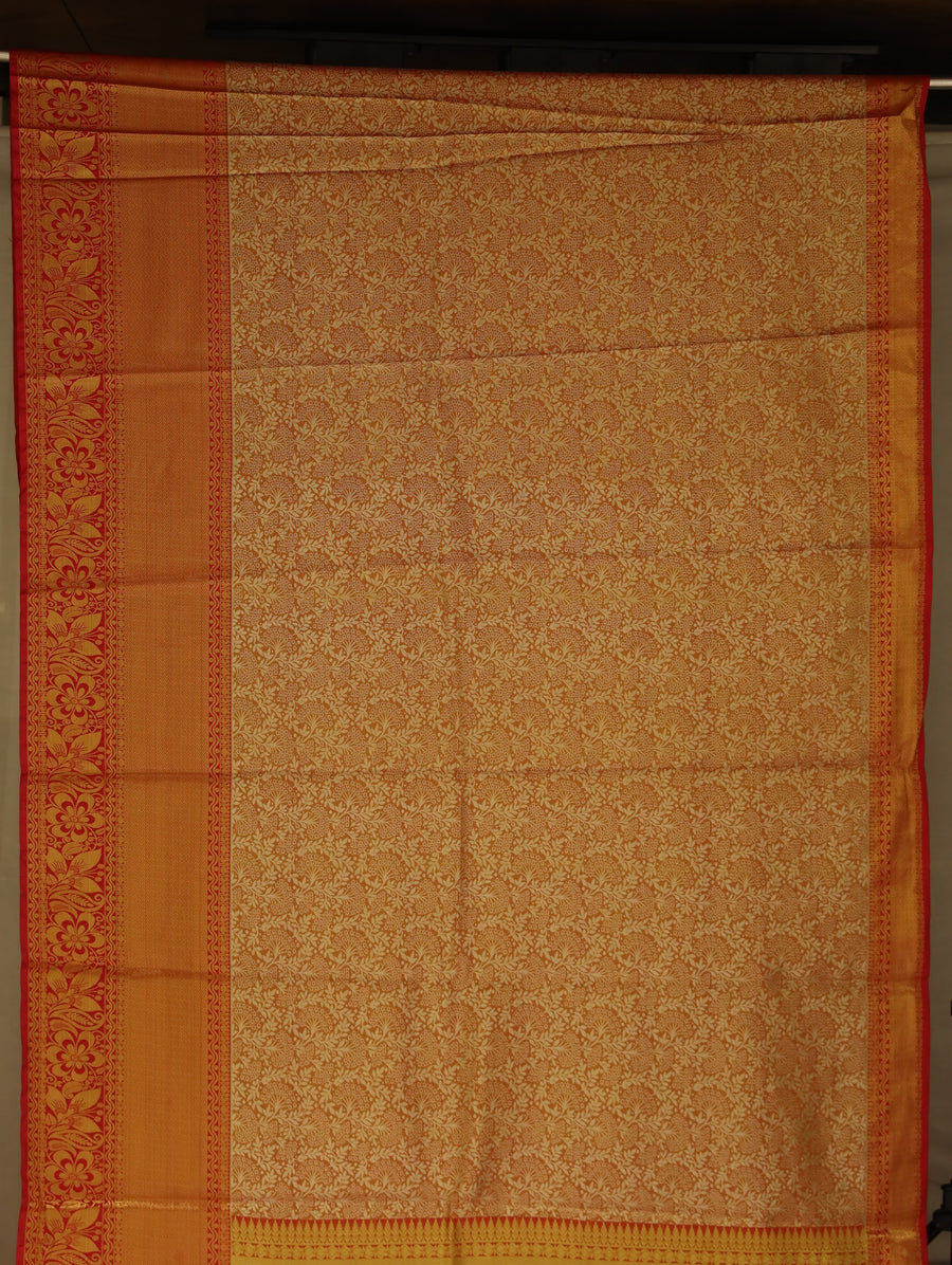 Burnt Orange Kanchipuram Inspired Semi Silk Saree with Wide Wide Contrast Border
