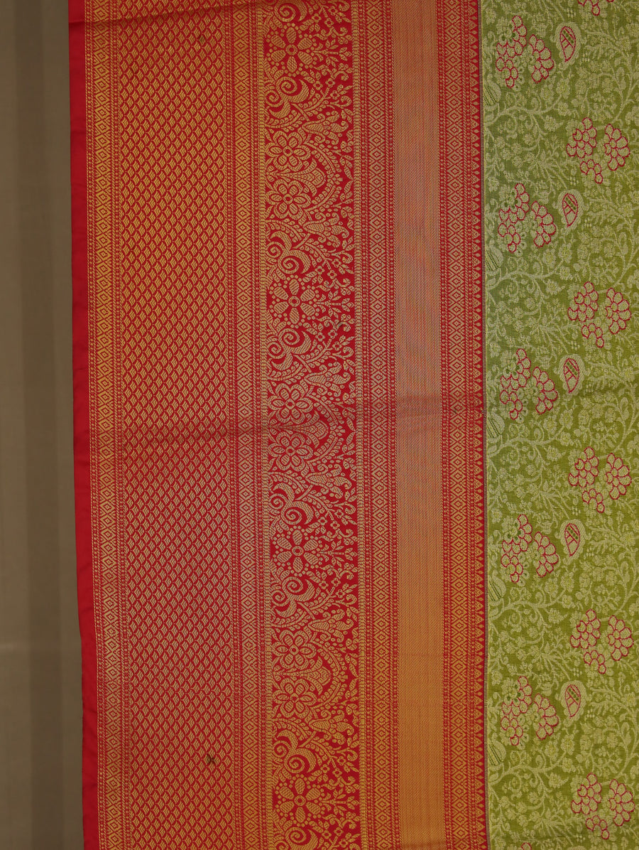 Sage Green Kanchipuram Inspired Semi Silk Saree with Wide Wide Contrast Border