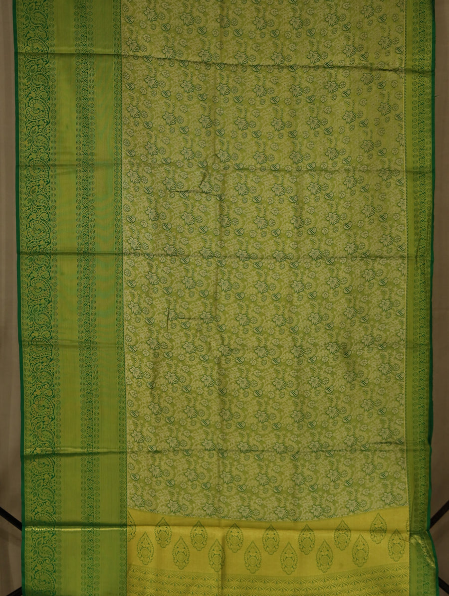 Chartreuse Green Mysore Inspired Semi Silk Saree with Wide Wide Self Border