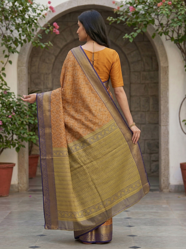 Burnt Sienna Dharmavaram Inspired Semi Silk Saree with Wide Wide Contrast Border