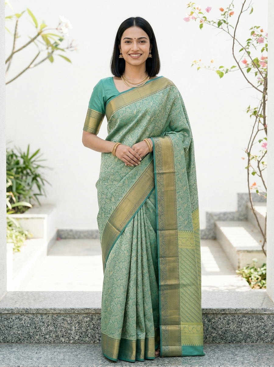 Sage Green Dharmavaram Inspired Semi Silk Saree with Medium Medium Contrast Border