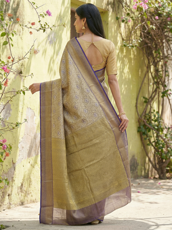 Champagne Gold Dharmavaram Inspired Semi Silk Saree with Medium Medium Contrast Border