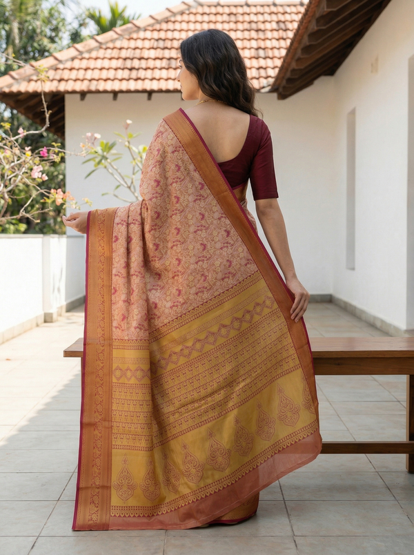 Champagne Gold Dharmavaram Inspired Semi Silk Saree with Wide Wide Contrast Border