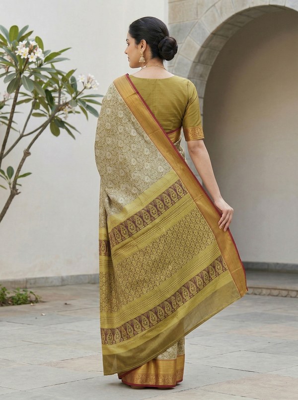 Champagne Gold Kanchipuram Inspired Semi Silk Saree with Wide Wide Contrast Border