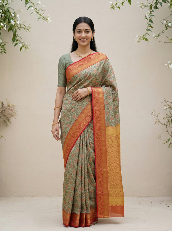 Sage Green Kanchipuram Inspired Semi Silk Saree with Wide Wide Contrast Border