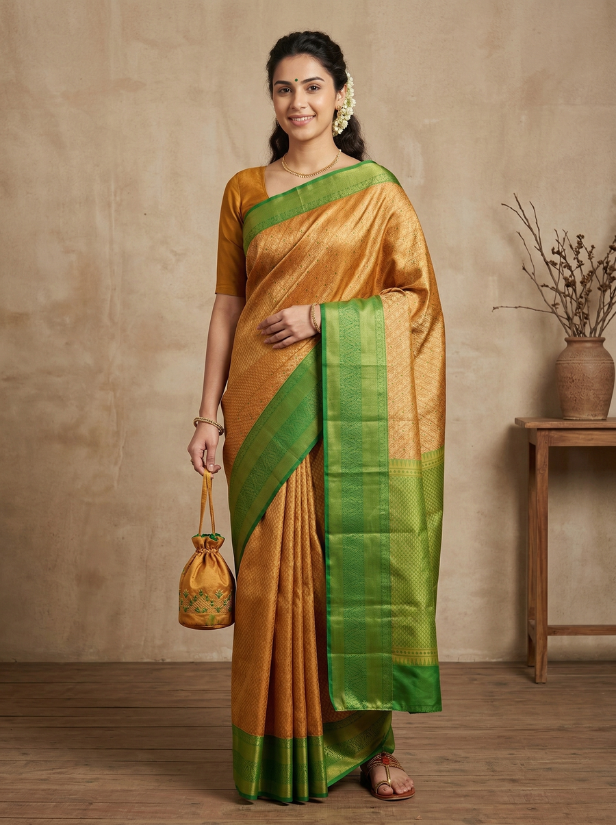 Sage Green Dharmavaram Inspired Semi Silk Saree with Medium Medium Contrast Border
