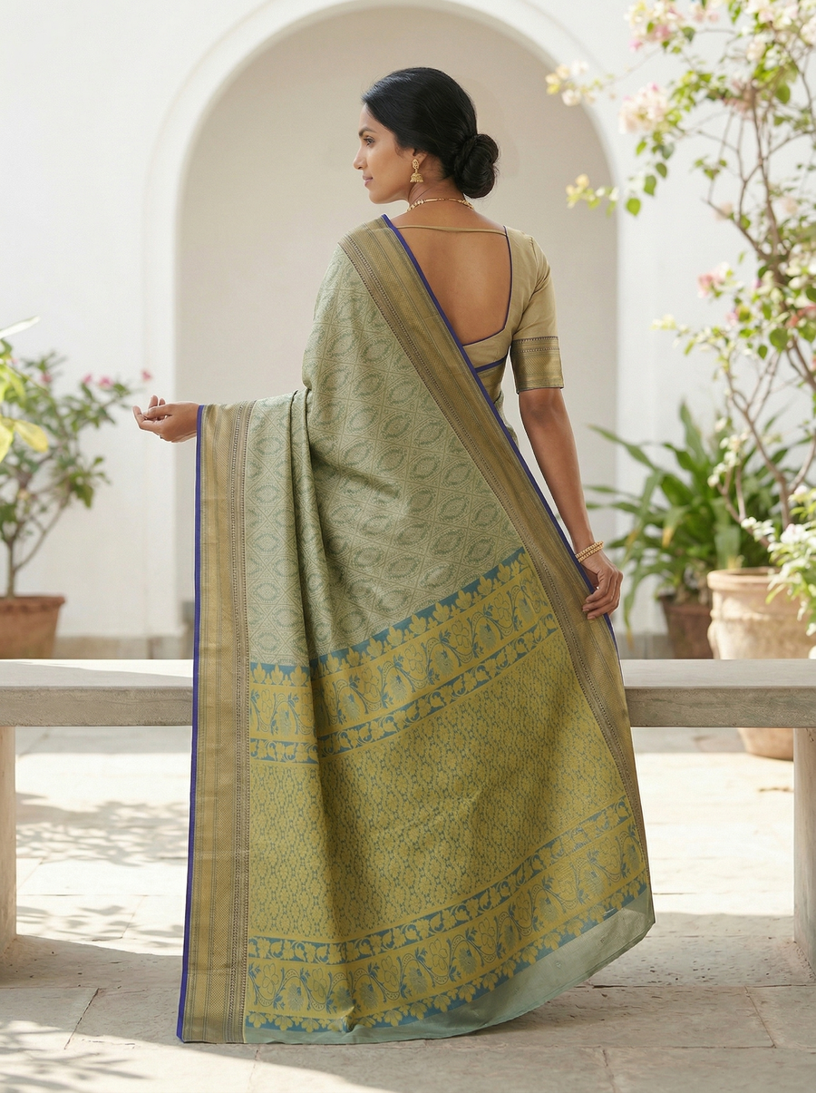 Sage Green Kanchipuram Inspired Semi Silk Saree with Wide Wide Contrast Border