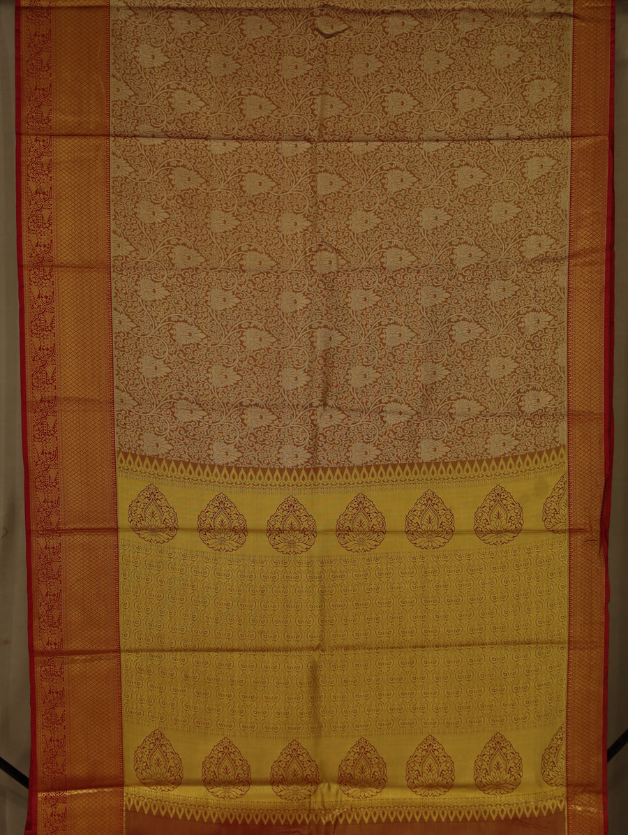 Champagne Gold Kanchipuram Inspired Semi Silk Saree with Wide Wide Contrast Border
