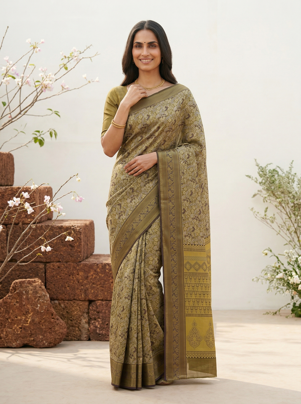 Moss Olive Dharmavaram Inspired Semi Silk Saree with Wide Wide Contrast Border