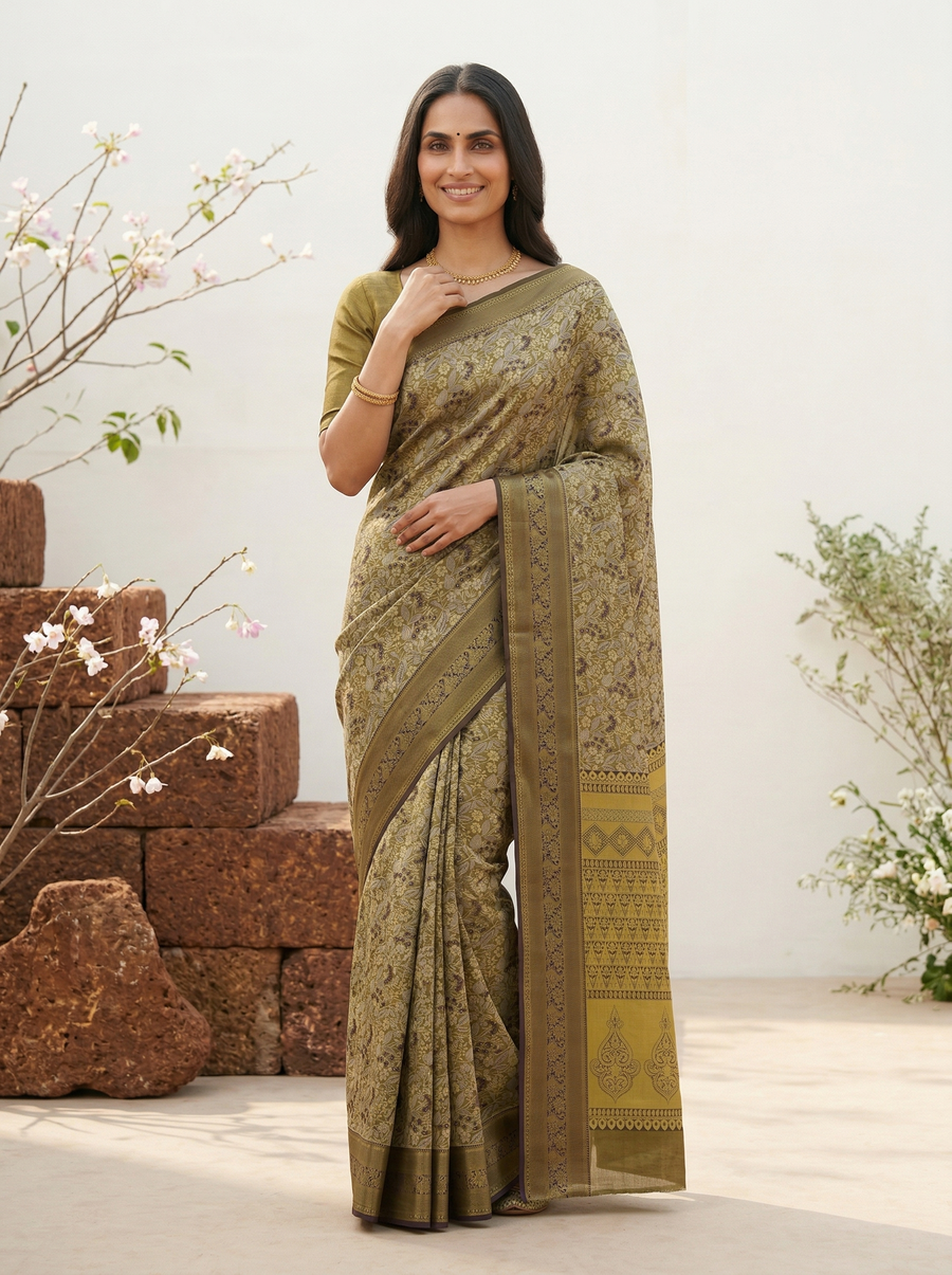 Moss Olive Dharmavaram Inspired Semi Silk Saree with Wide Wide Contrast Border