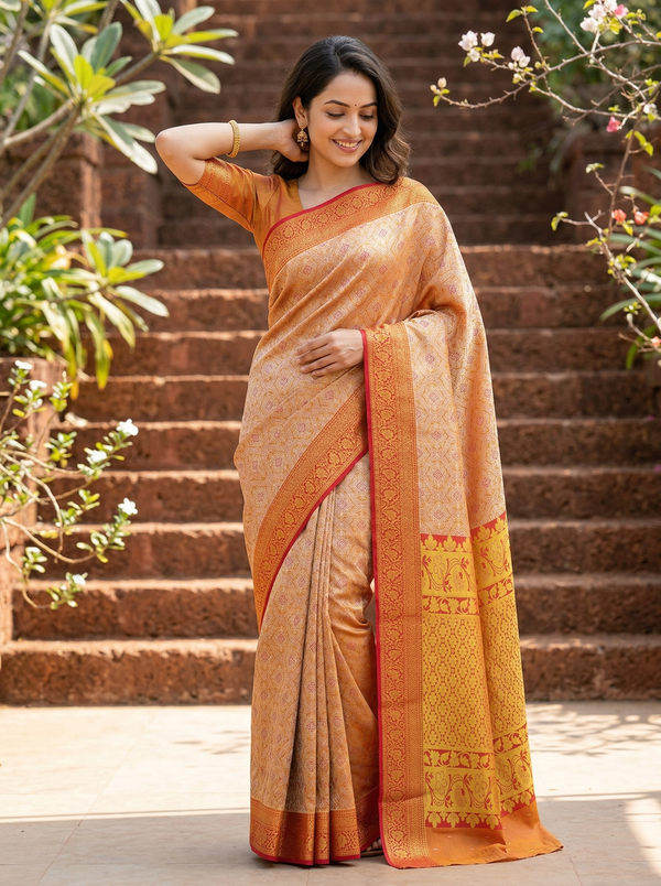 Champagne Gold Dharmavaram Inspired Semi Silk Saree with Wide Wide Contrast Border