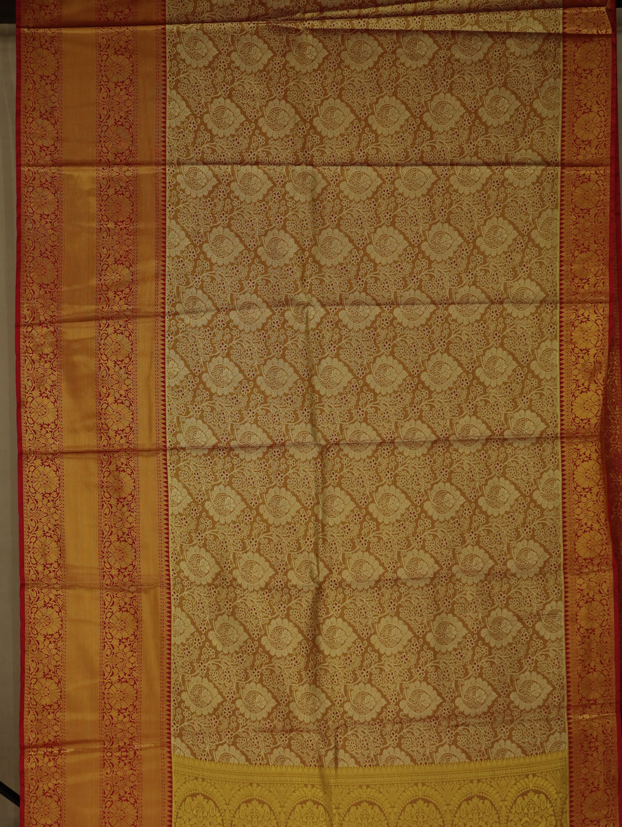 Champagne Gold Kanchipuram Inspired Semi Silk Saree with Wide Wide Contrast Border