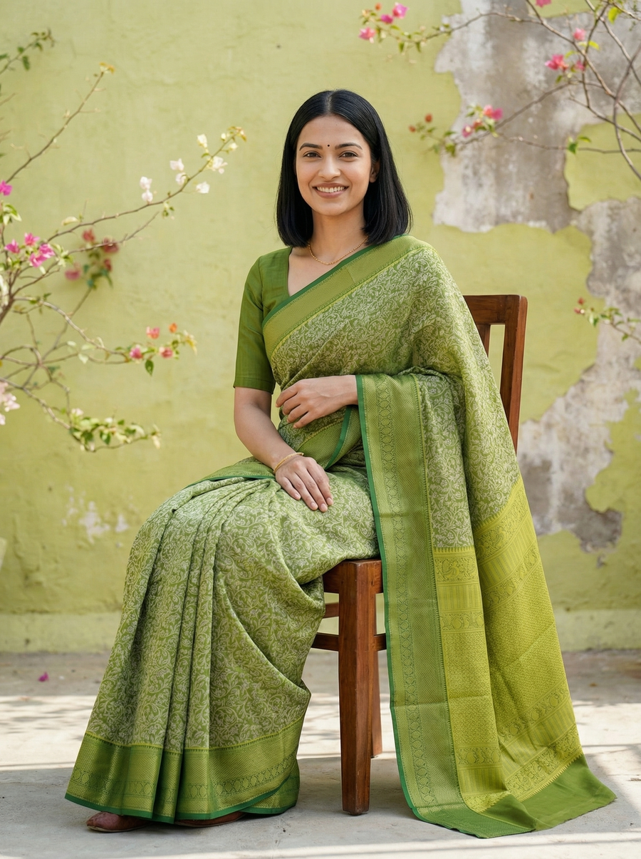 Olive Green Uppada Inspired Semi Silk Saree with Medium Medium Self Border
