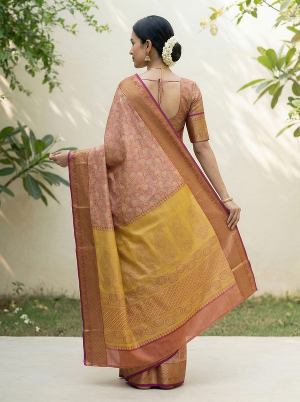 Burnt Sienna Dharmavaram Inspired Semi Silk Saree with Medium Medium Contrast Border