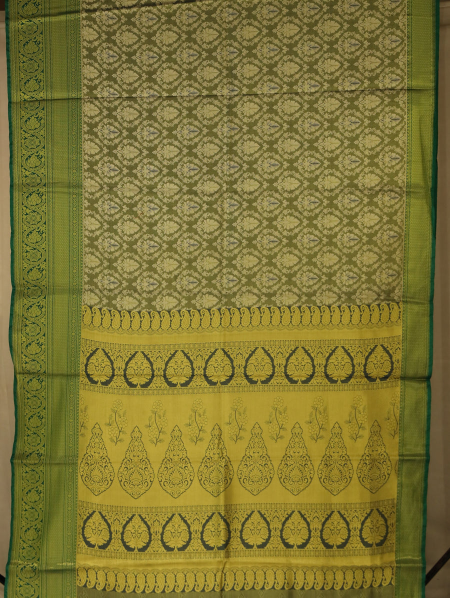 Olive Green Dharmavaram Inspired Semi Silk Saree with Wide Wide Self Border