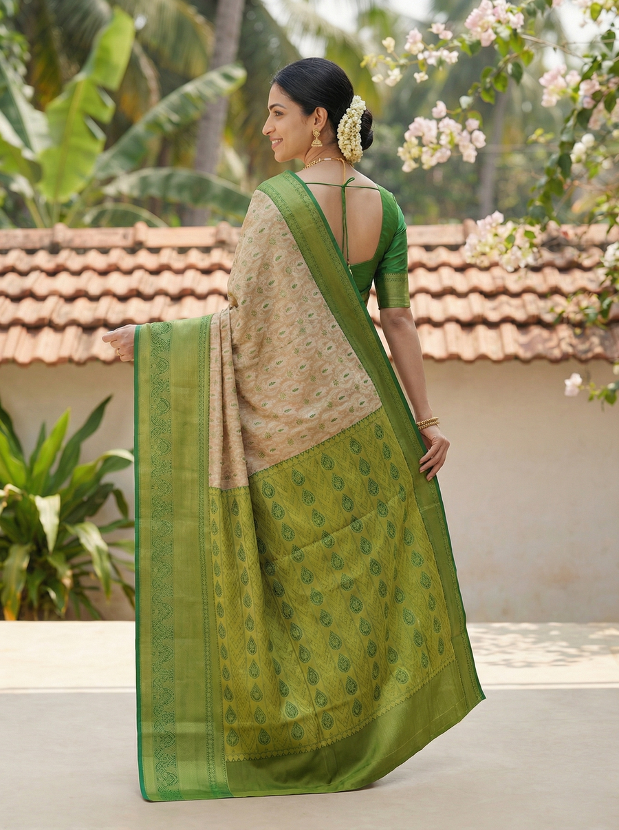 Champagne Gold Dharmavaram Inspired Semi Silk Saree with Wide Wide Contrast Border