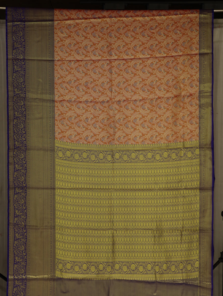 Sunset Orange Kanchipuram Inspired Semi Silk Saree with Wide Wide Contrast Border