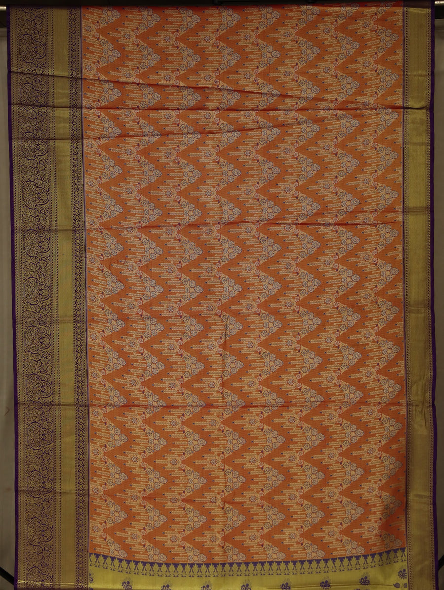 Burnt Orange Gadwal Inspired Semi Silk Saree with Medium Medium Contrast Border