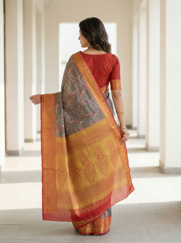 Saffron Gold Kanchipuram Inspired Semi Silk Saree with Wide Wide Contrast Border